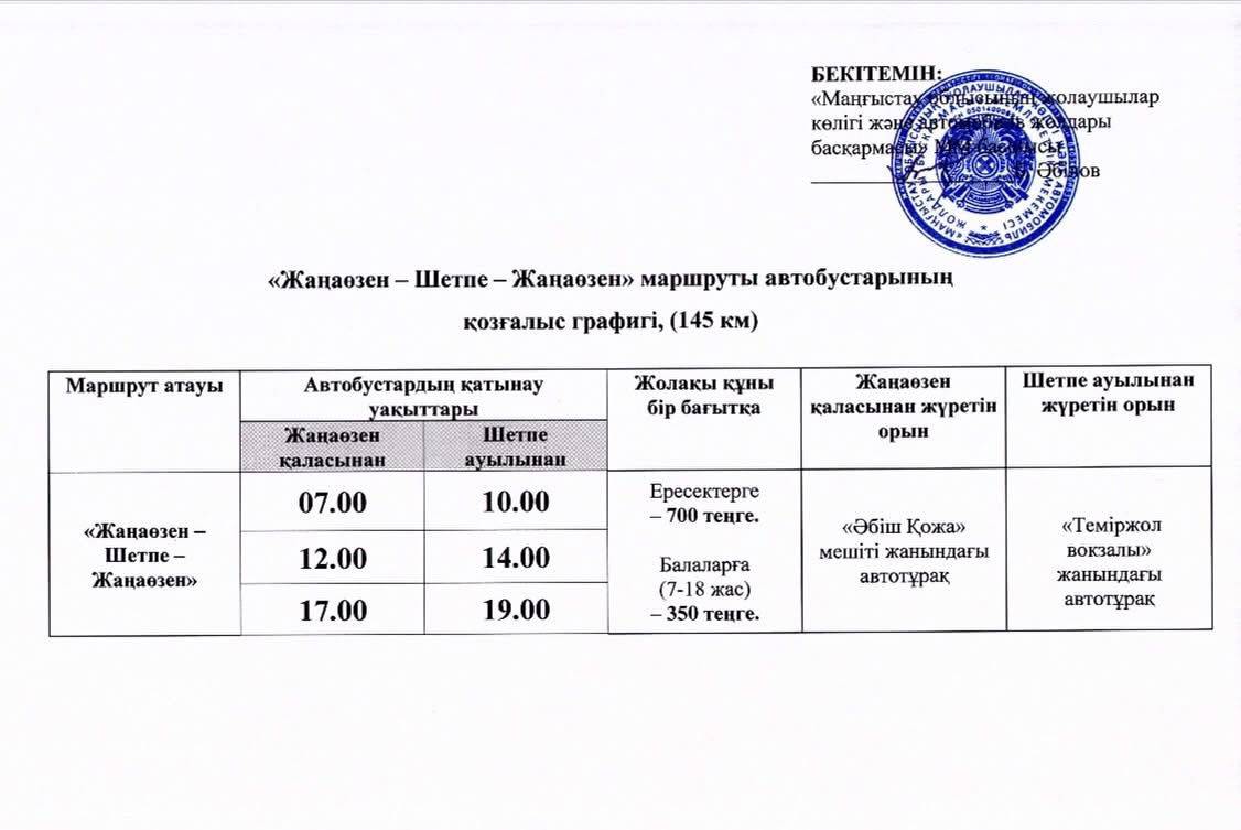 В направлении Жанаозен – Шетпе запускается общественный транспорт