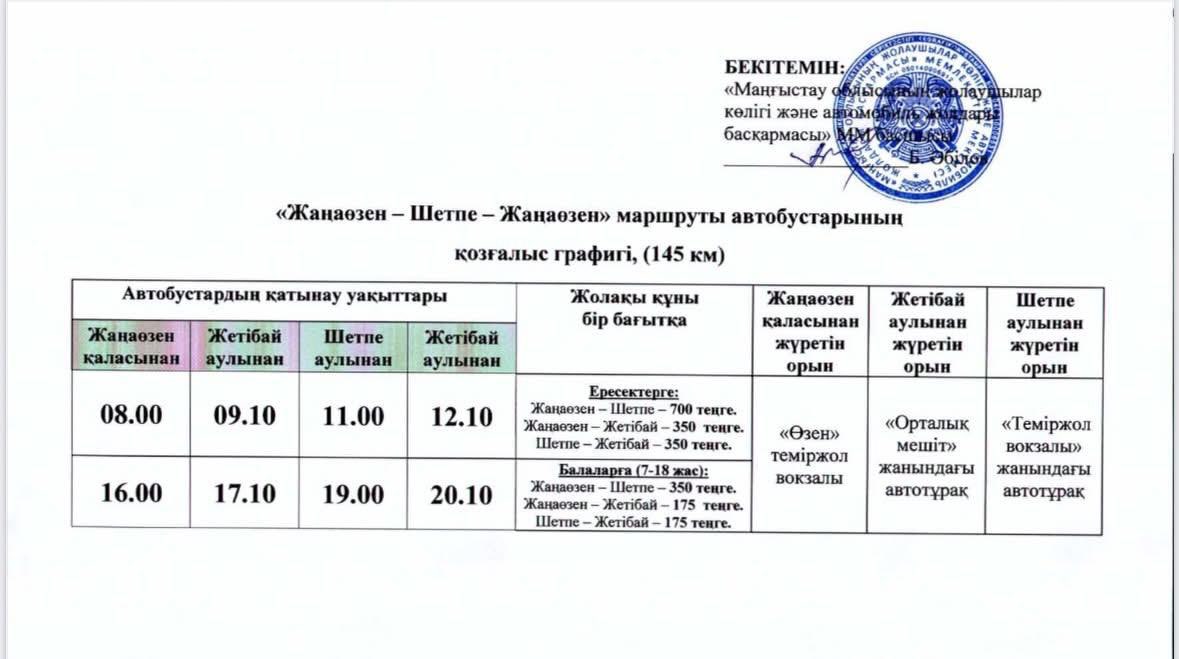 «Жаңаөзен – Шетпе – Жаңаөзен» маршрутының қозғалыс кестесі өзгерді